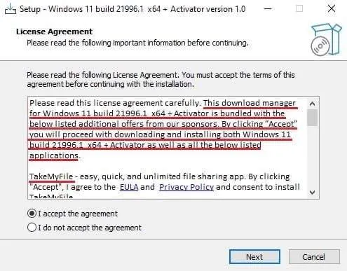 Lažni instaler Windowsa 11 - u kome vidimo da prihvatate instalaciju TakeMyFile zlonamernog programa Lažni instaler Windowsa 11 - u kome vidimo da prihvatate instalaciju TakeMyFile zlonamernog programa